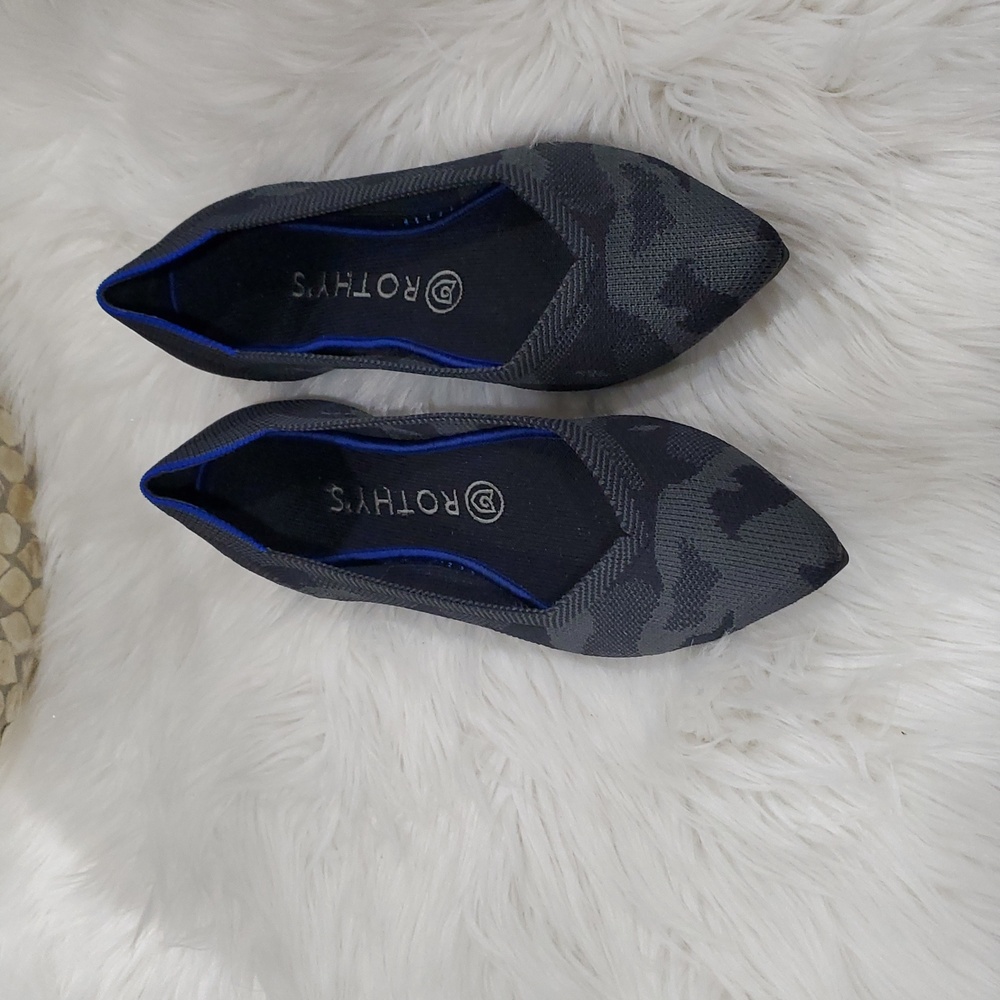 Rothy's The Point  Gray Camo  Flats with Sleek Pointed Toe and Blue Trim - Picture 7 of 16